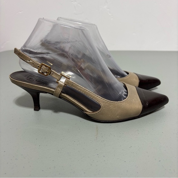 Tory Burch Kitten Heels Women's Pointed Toe Brown Leather 7M Ankle Strap - Picture 1 of 15